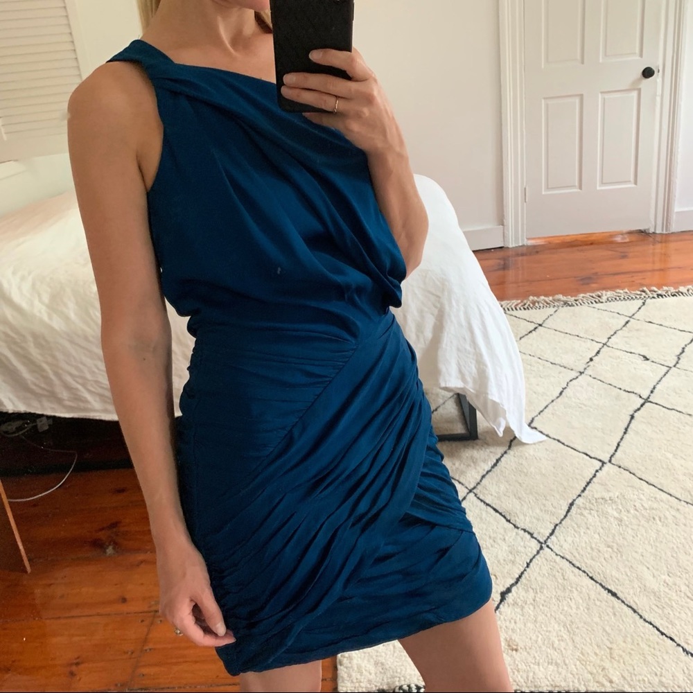 Golde Blue Chiffon Draped One Shoulder Dress P
